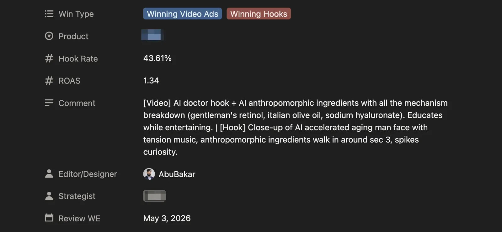 Winning video ad performance screenshot